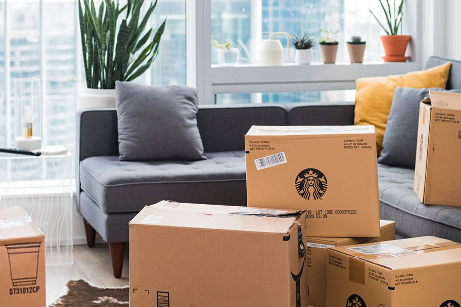 Cardboard boxes in living room