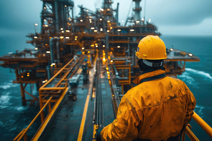A worker approaching an oil rig